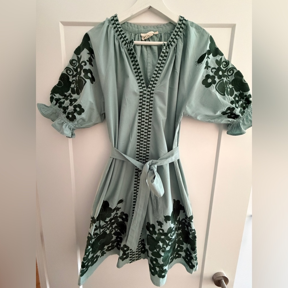 Julia Amory Coatue Embroidered Puff-Sleeve Dress Green